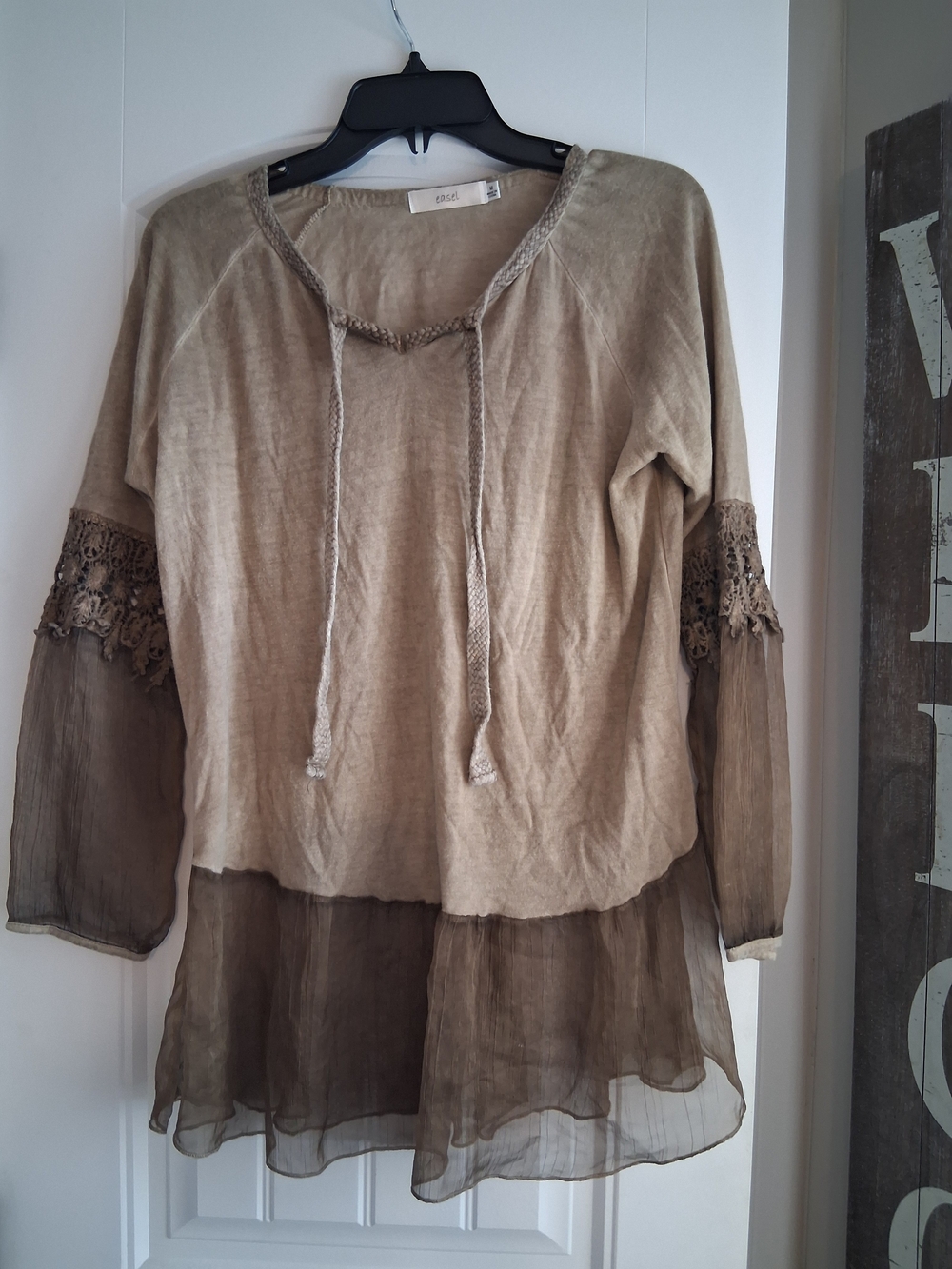 easel Olive Khaki Tie-Neck Layered Tunic with Lace Trim